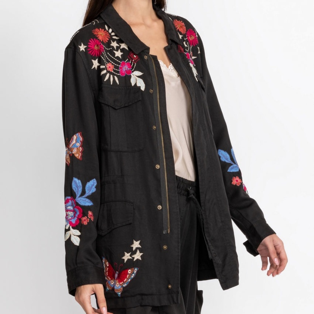 Johnny Was Black Utility Jacket with Red Pink Blue Embroidered Florals